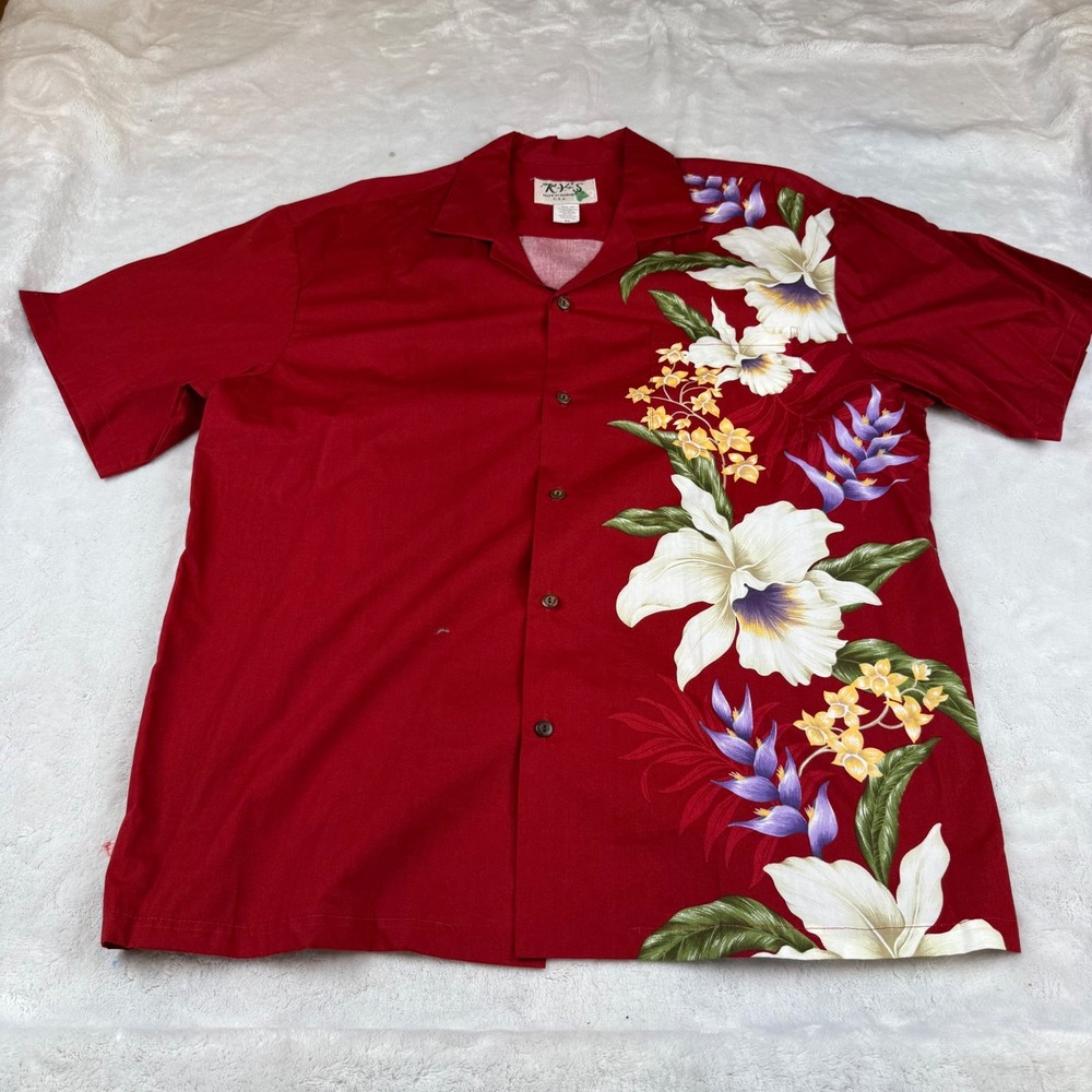 KY'S Hawaiian Shirt Mens XL Red Floral Cotton Button Down Made in USA Aloha XL